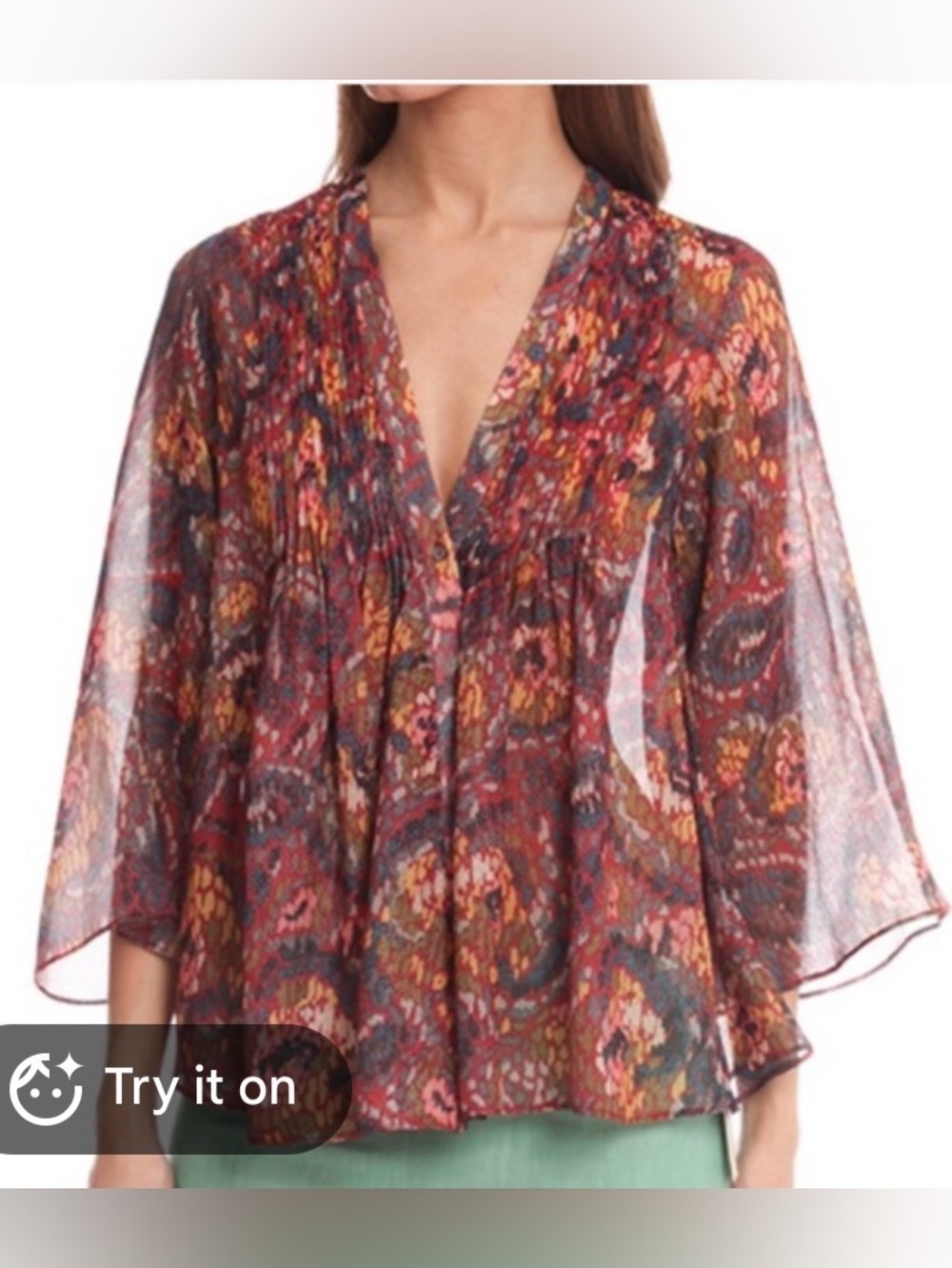Elizabeth and James Kimono Tokyo Silk Blend Multicolor Pleated V-Neck Blouse, XS
